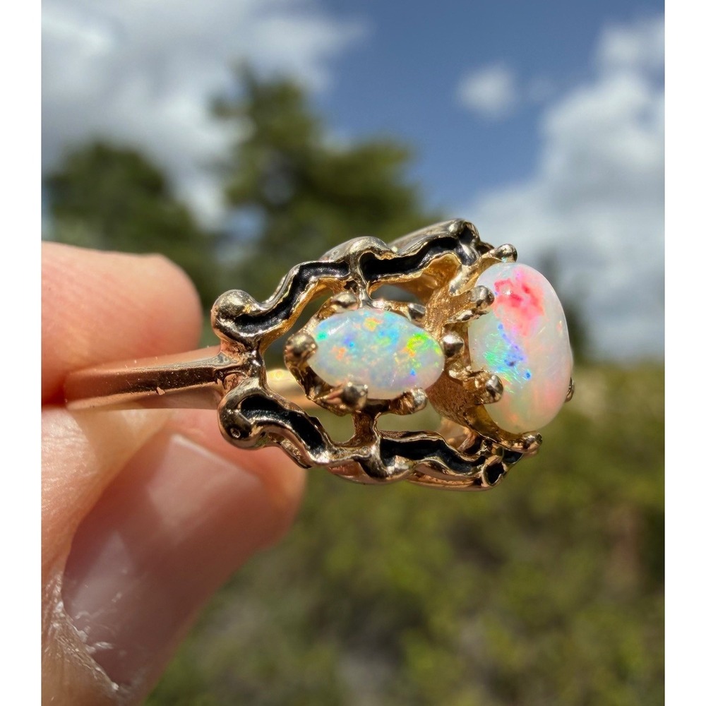 Vintage 14k Solid Yellow Gold Three Stone Natural White Opal Ring Size 5.75 4.3g - Picture 4 of 11